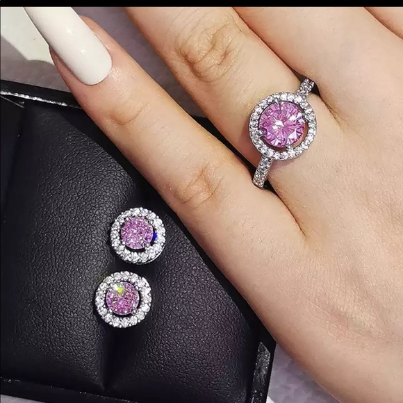 Pink ring with matching earring set 925